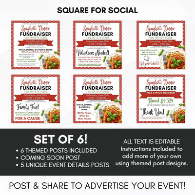set of six editable pasta night social media templates