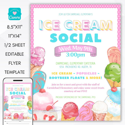 Staff, Teacher, Nurses appreciation week ice cream social flyer invitation set editable printable template