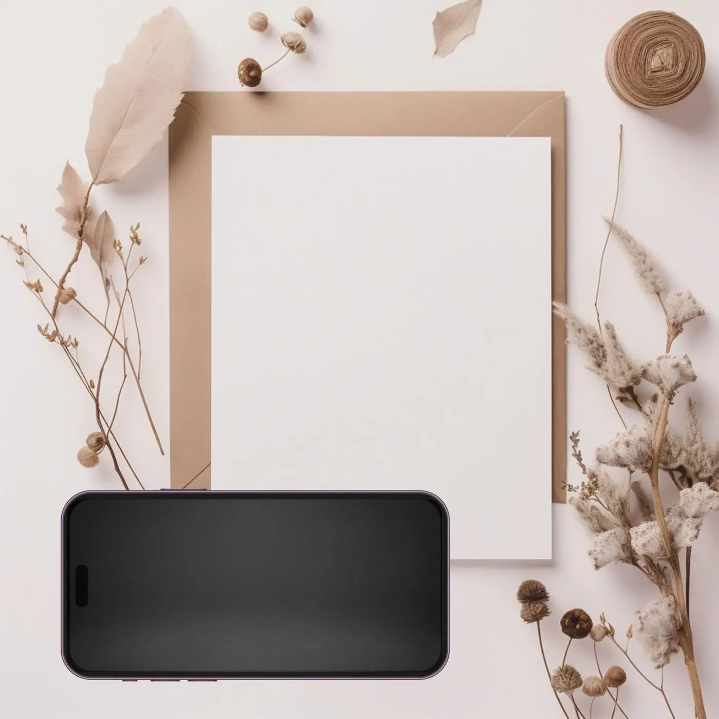 Phone on a white surface with a brown envelope and dried plants representing editable invitations and ticket templates by Simple Desert Designs.