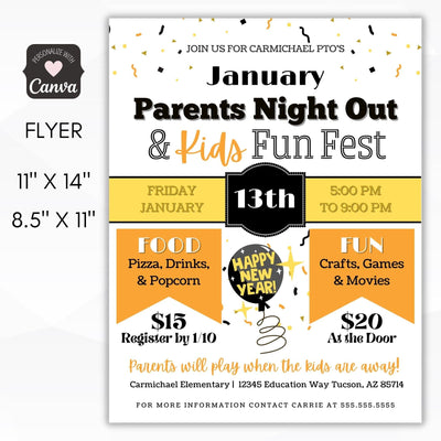 january parents night out fundraiser invite flyer