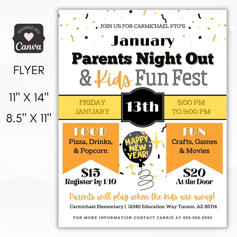 january parents night out fundraiser invite flyer