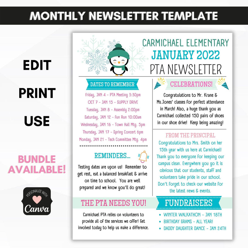 school pto pta january newsletter template