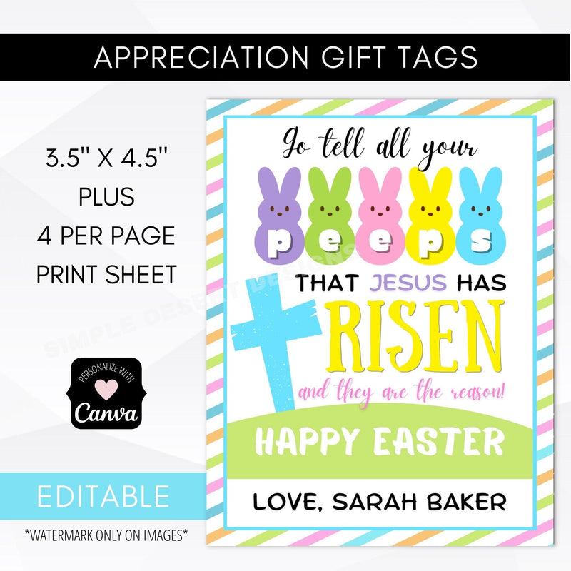 Easter Gift Tags, Jesus is Risen Easter Tags, Christian Peeps Easter Tags, Religious Easter Gift Basket Party Favor Tags, DIY Instant Download Editable