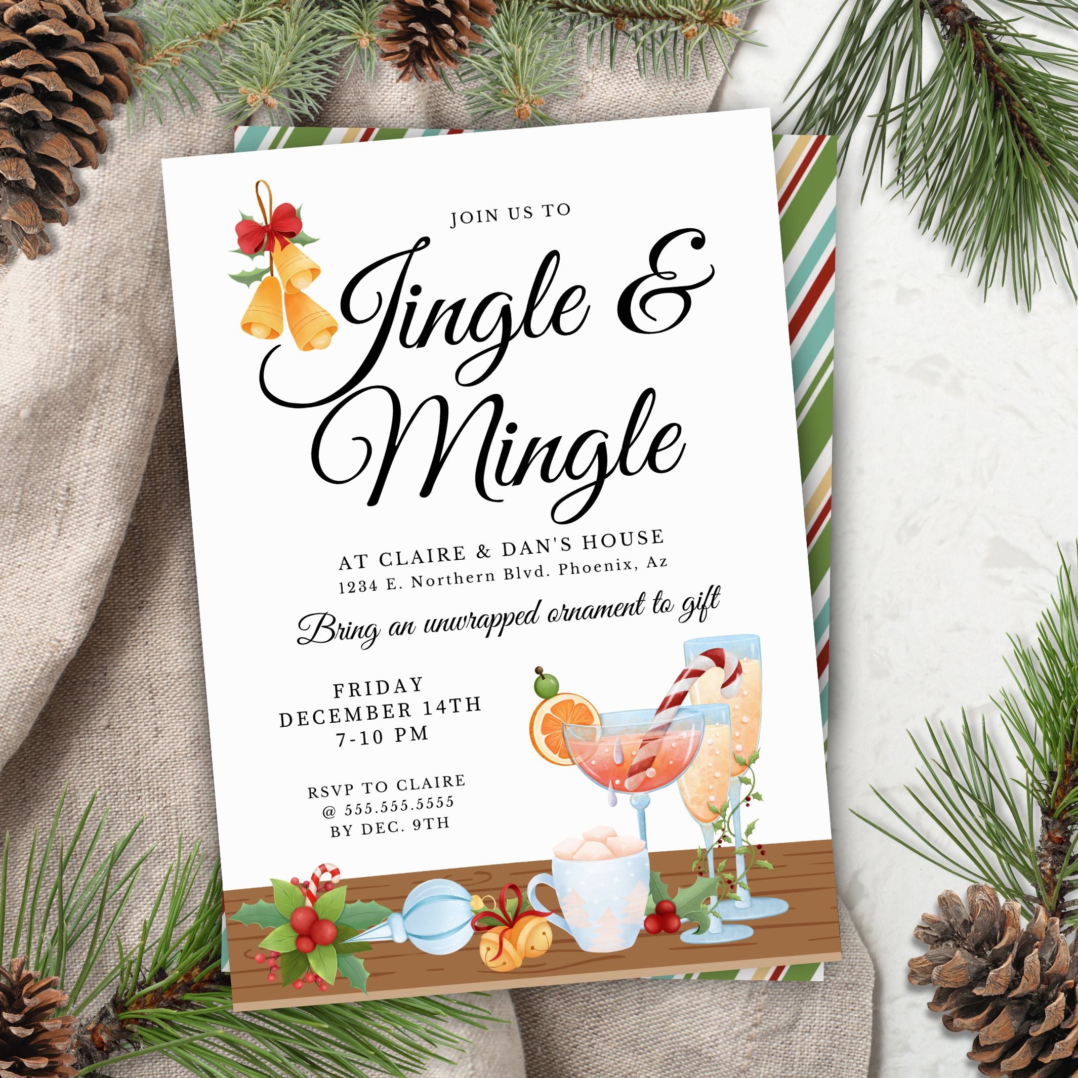 Christmas party invitation with cocktails and decorations on a textured surface with pine branches and cones.