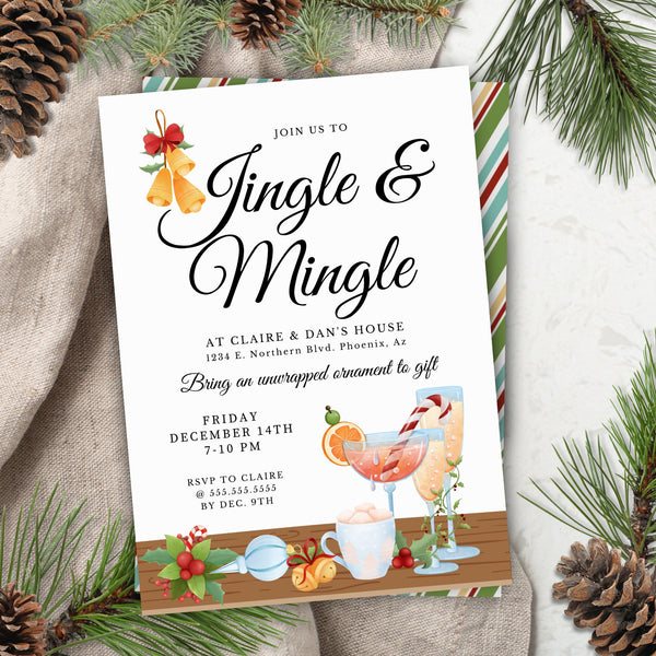 Christmas party invitation with cocktails and decorations on a textured surface with pine branches and cones.