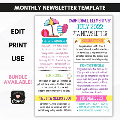 school pto pta JULY newsletter template