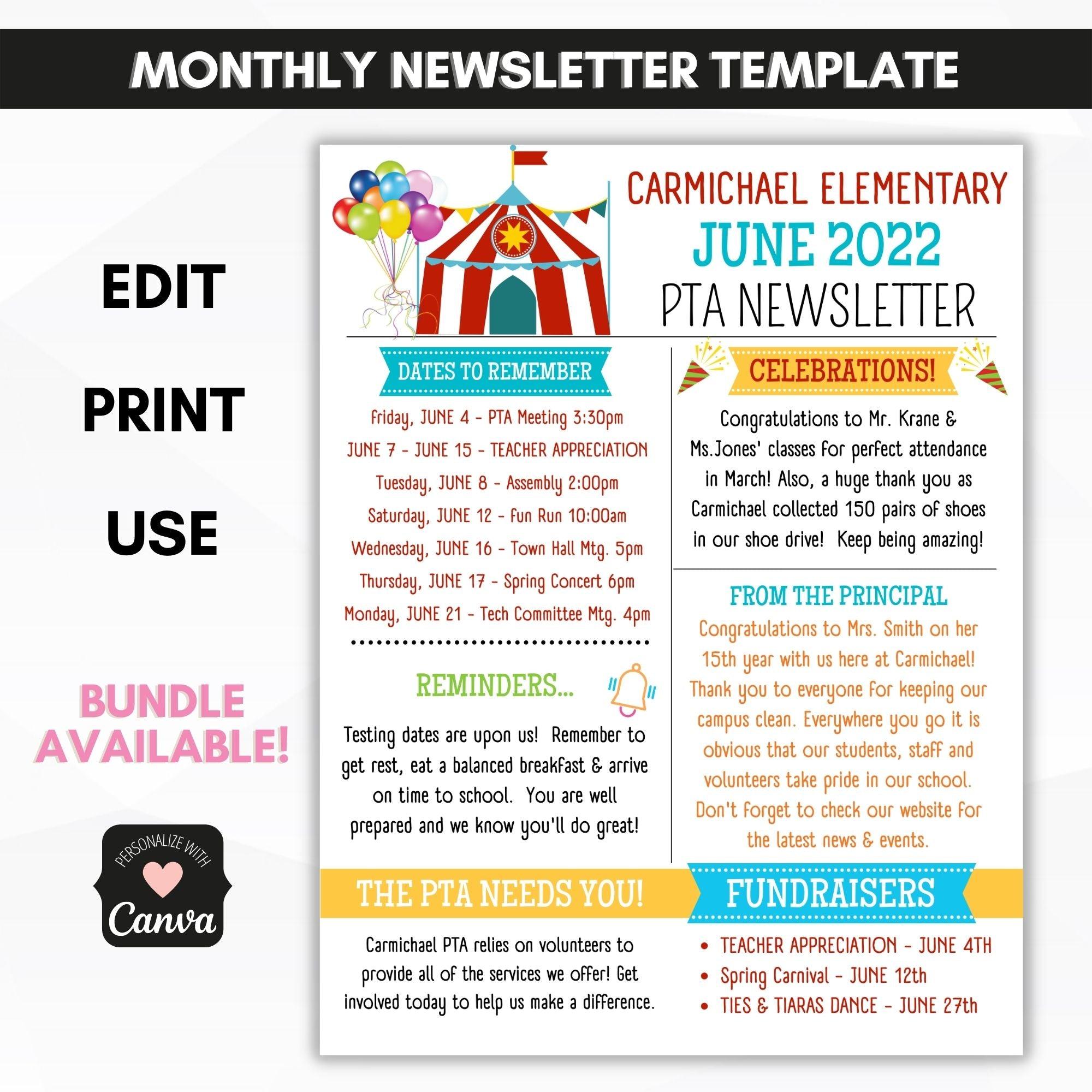 school pto pta JUNE newsletter template