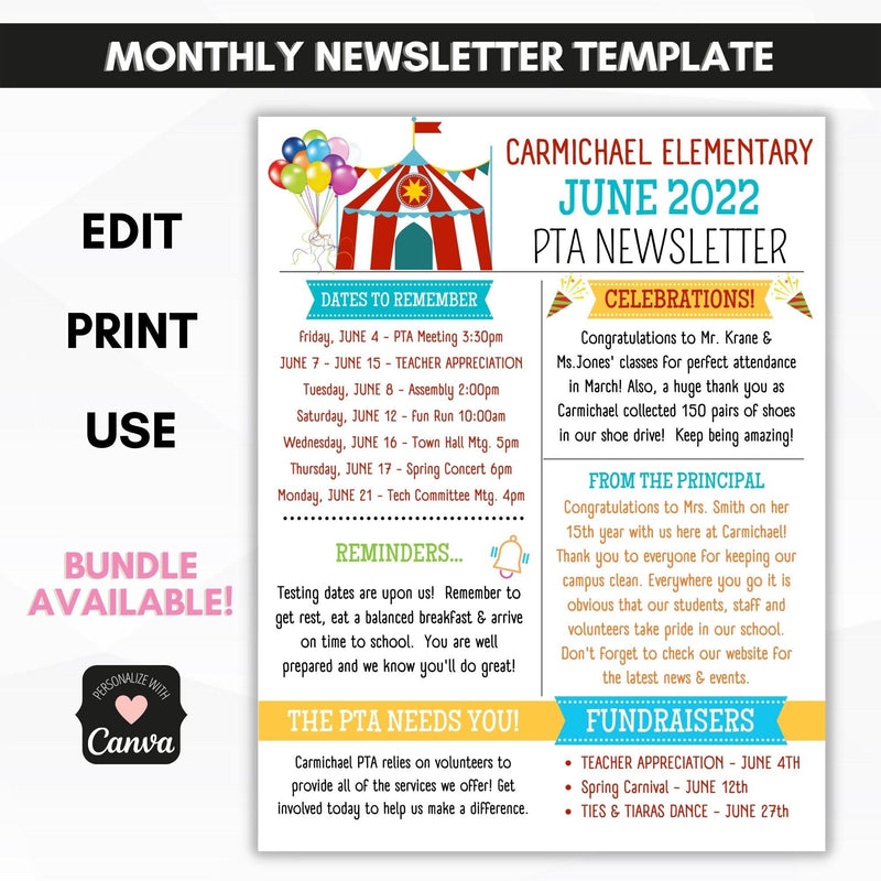 school pto pta JUNE newsletter template