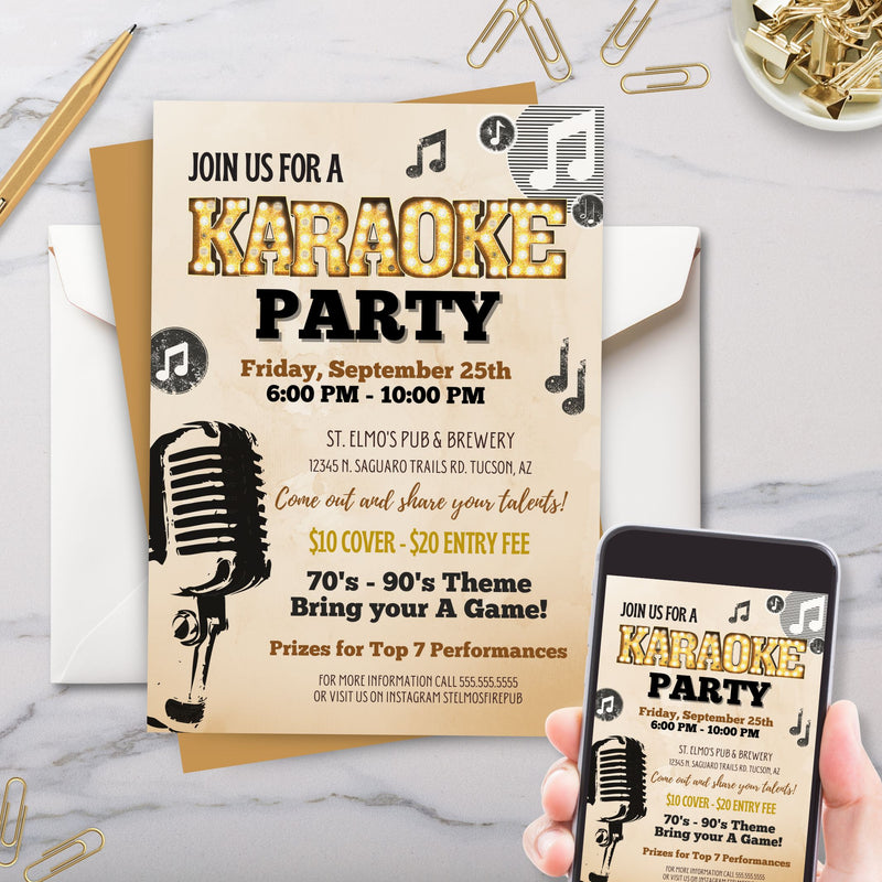 Karaoke party invitation with microphone graphic on a marble surface and phone with gold accents