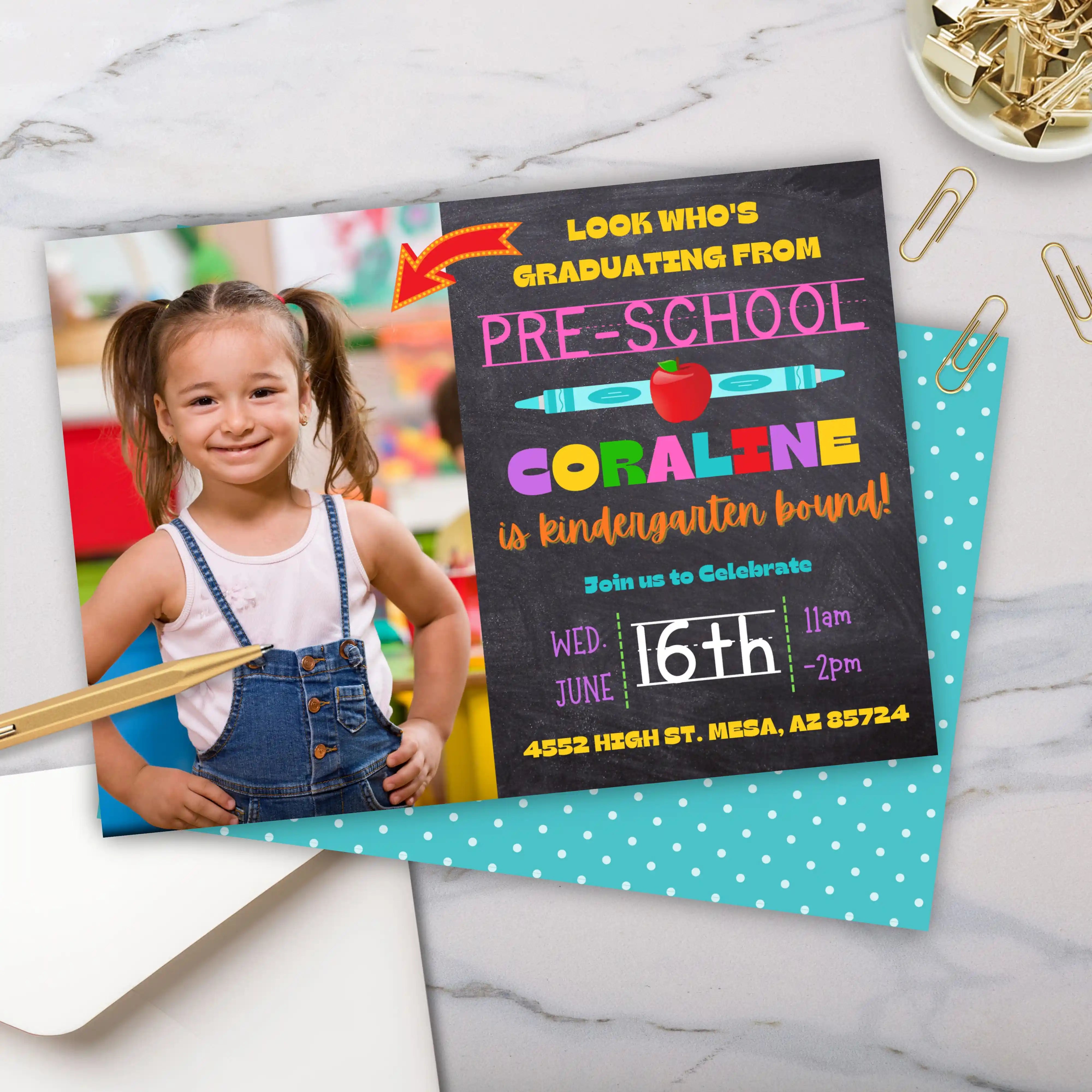 Graduation announcement for a child graduating from pre-school to kindergarten, with a photo of a young girl representing editable graduation invitation templates for kids by Simple Desert Designs.