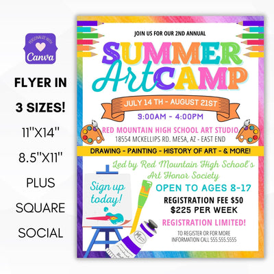 kids summer art camp marketing invitation for art teacher, school pto pta ptc, community center or neighborhood program