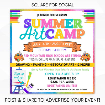 summer art school artist camp for after school program or summer school social media marketing advertising editable template