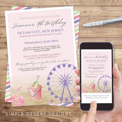 custom pastel kids beach boardwalk birthday party invitation digital and printed