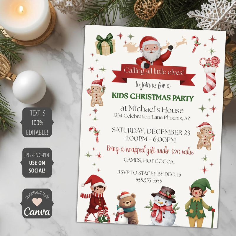 Christmas party invitation with Santa Claus, elves, and gingerbread men on a white background.