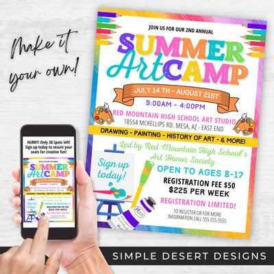 fun colorful art camp flyers for summer camp or after school art programs