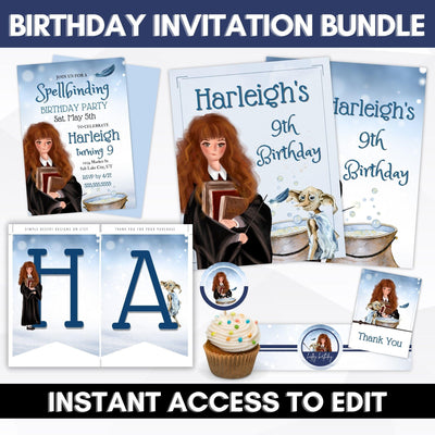 Give her a party she will never forget with this cute witch theme party invitation and supply plus decor party kit! Instant download and start personalizing her party in Canva today!