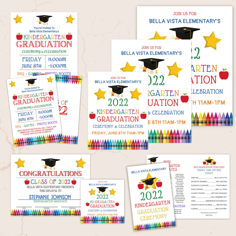 all in once primary colored kindergarten graduation ceremony event invitation flyer poster sign certificate social media and program templates bundle on marble surface