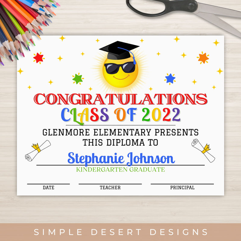 Graduation certificate for preschool, kindergarten, elementary or middle school with colorful decorations on a wooden surface.