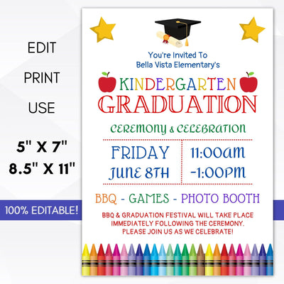 Pre K Preschool Elementary Kindergarten Middle School Graduation Ceremony Invitation Template