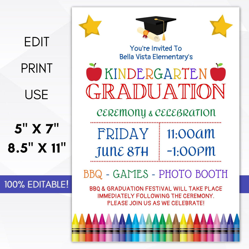 Pre K Preschool Elementary Kindergarten Middle School Graduation Ceremony Invitation Template