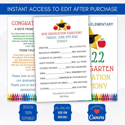 preschool kindergarten elementary graduation editable program template printable