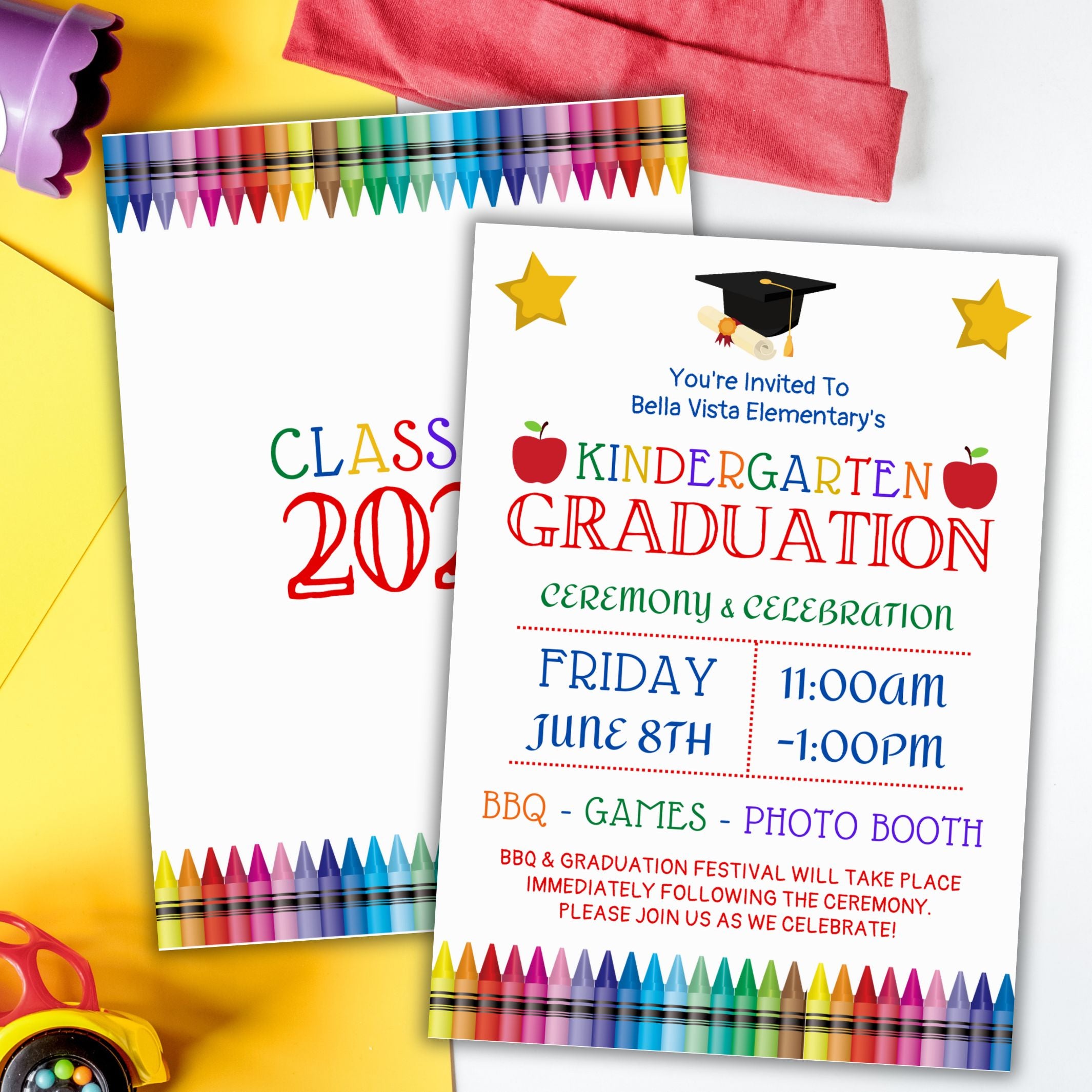 cute colorful kids graduation ceremony invitation with crayons, a graduation cap, apple and fun colorful text for preschool or kindergarten