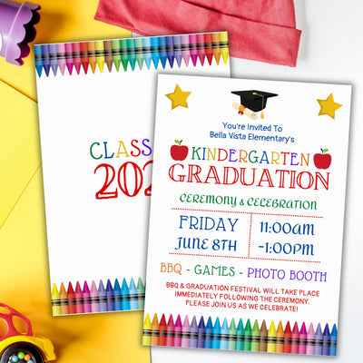 cute colorful kids graduation ceremony invitation with crayons, a graduation cap, apple and fun colorful text for preschool or kindergarten