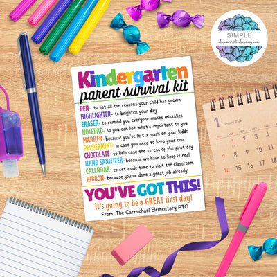 kindergarten parent survival kit gift tag for first day of school at kindergarten