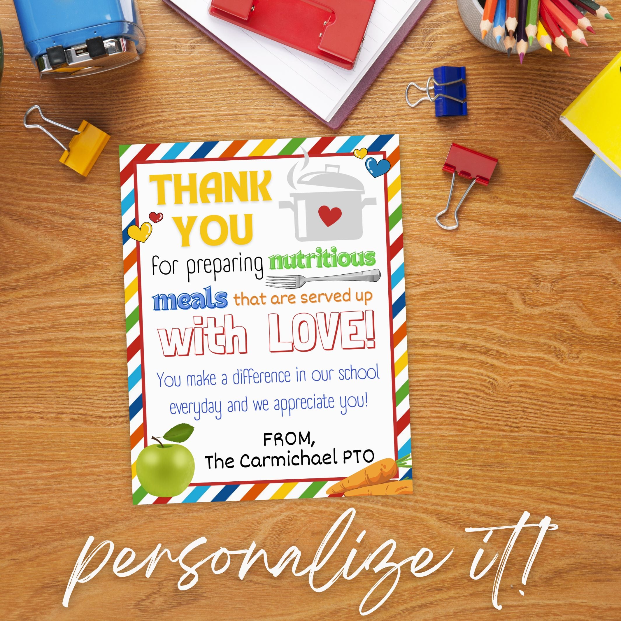 Colorful card on a wooden surface with school supplies, thanking a school cafeteria for nutritious meals.