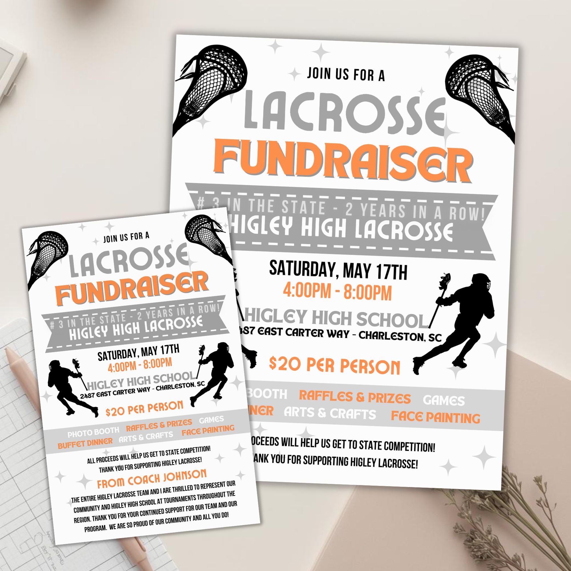 Lacrosse fundraiser flyer for Higley High Lacrosse on a light background