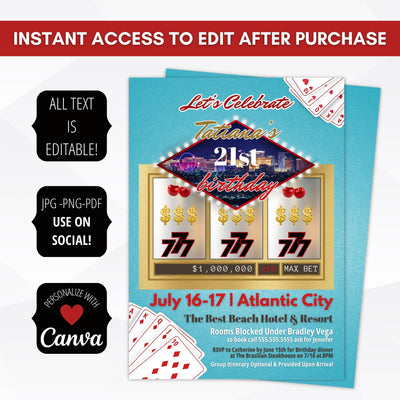 solt machine casino cards invitation for birthday or any event