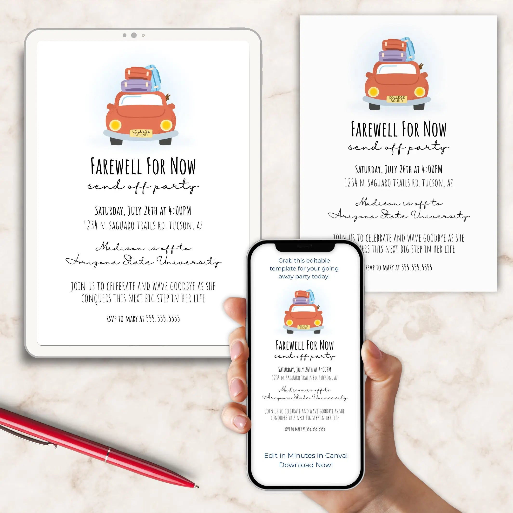 Farewell party invitation with car and luggage illustration on a tablet, phone, and paper.
