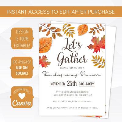 fall autumn friendsgiving let's gather printable invitation template