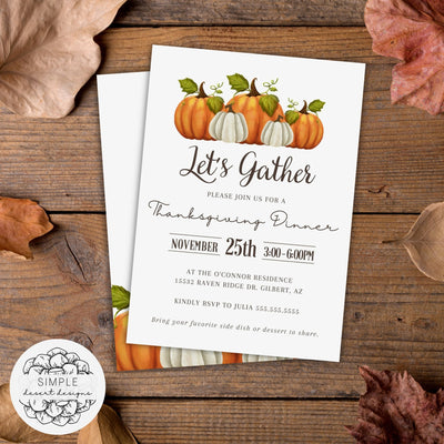 minimal let's gather thanksgiving invitation on fall table decor