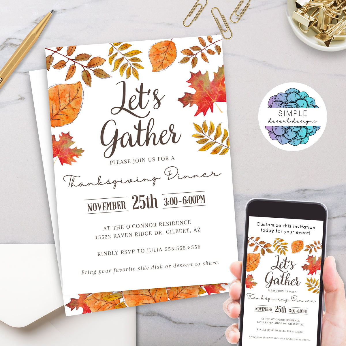 Gather Thanksgiving Dinner Invitation Template - Simple Desert Designs