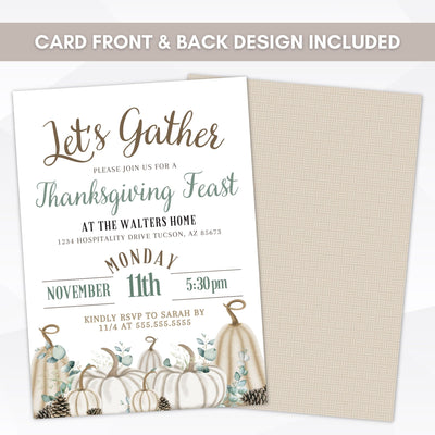 front and back of lets gather thanksgiving dinner invitations with white pumpkins