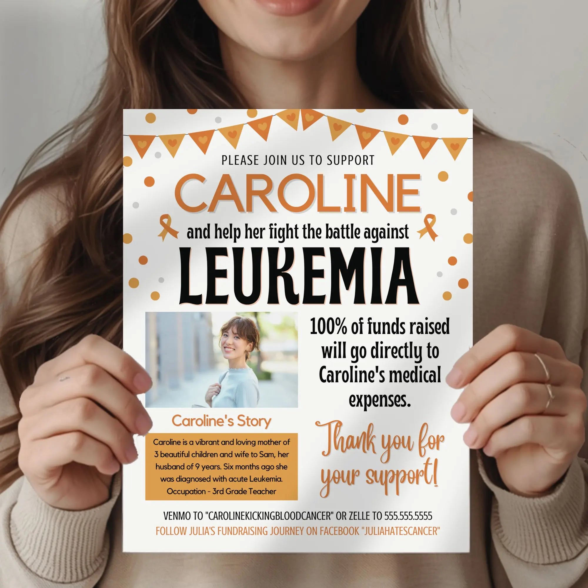 Person holding a poster supporting Caroline's fight against leukemia