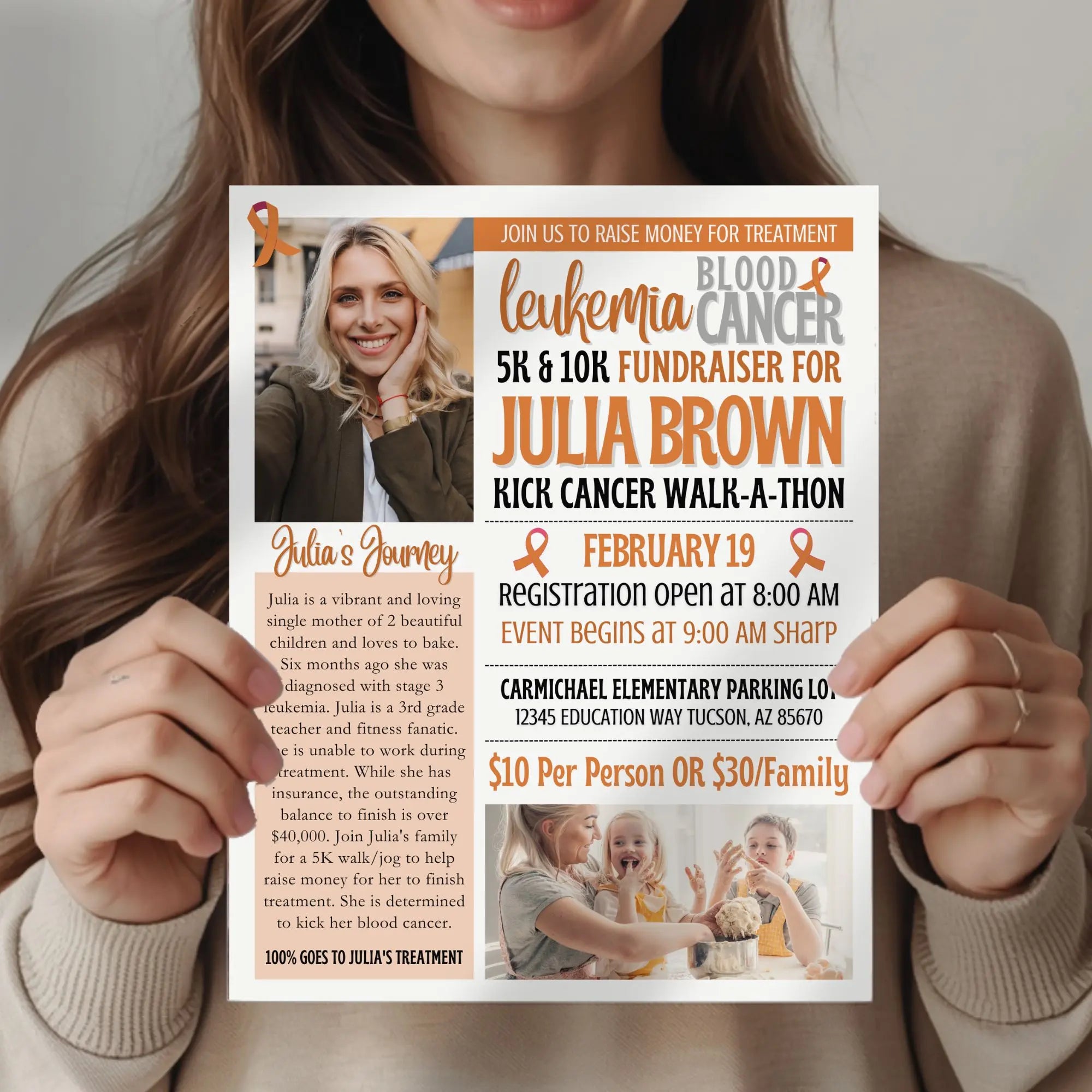 Person holding a poster for a leukemia blood cancer fundraiser event.