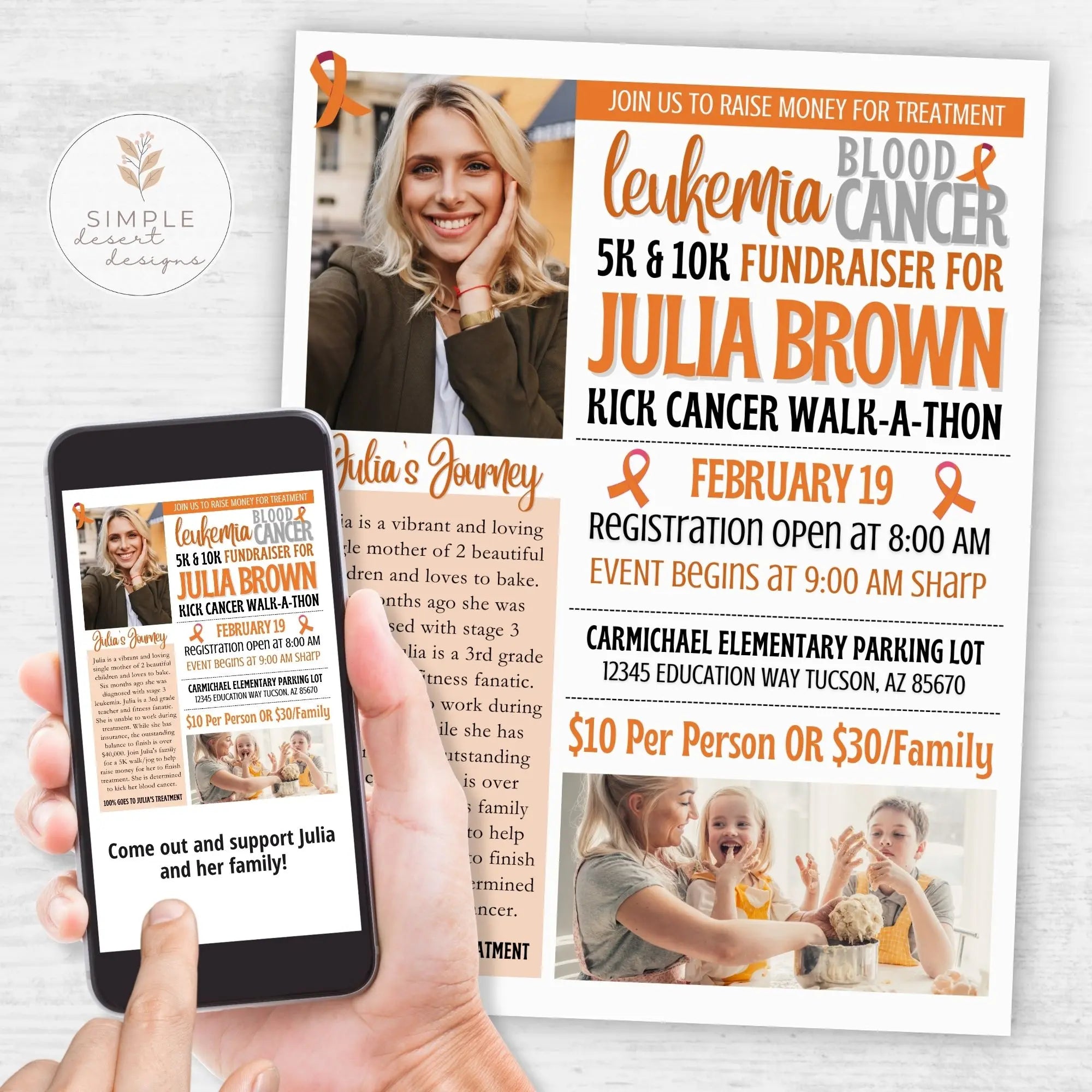 Hand holding a phone with a fundraising event flyer for leukemia and cancer on a white background
