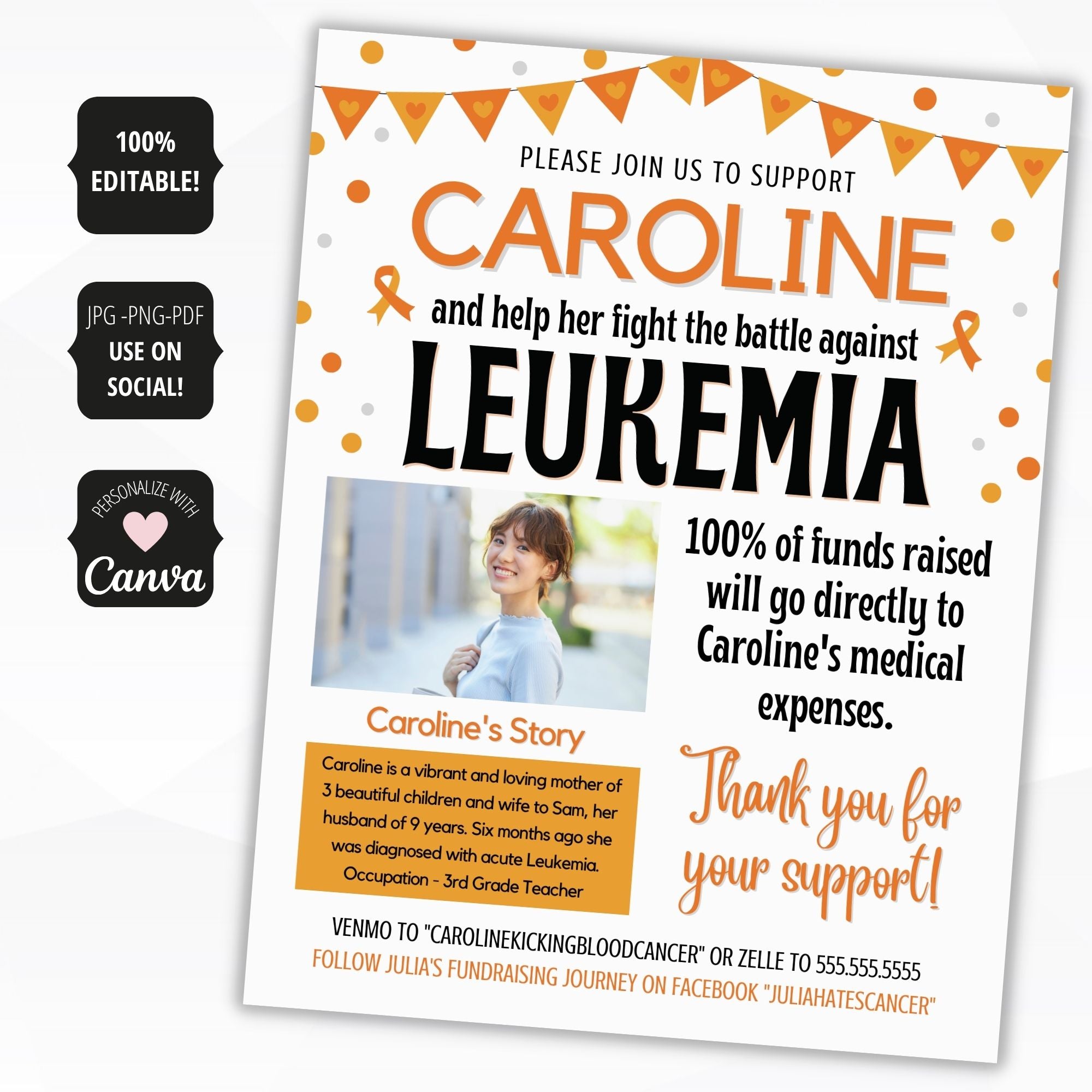 Charity flyer for Caroline fighting leukemia with contact information and Canva branding.