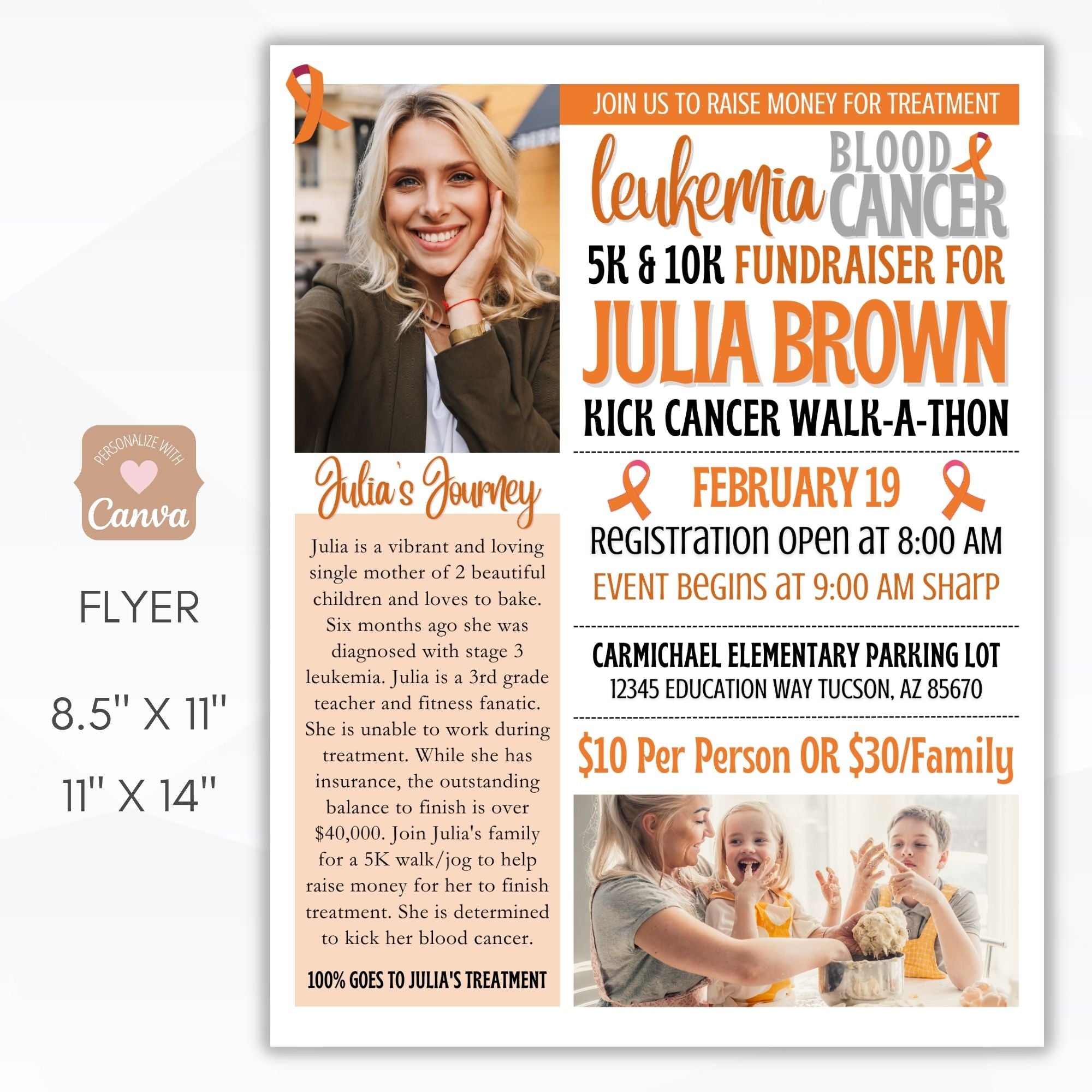 Fundraiser flyer for a 5K and 10K walk for leukemia and cancer treatment featuring a smiling woman and family photos.