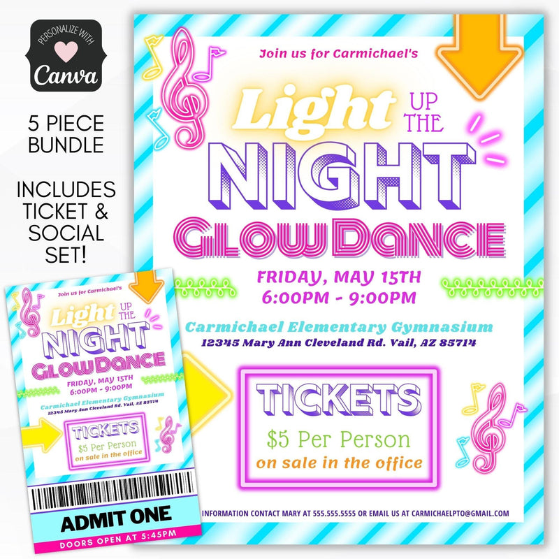 Glow dance party flyer ticket bundle