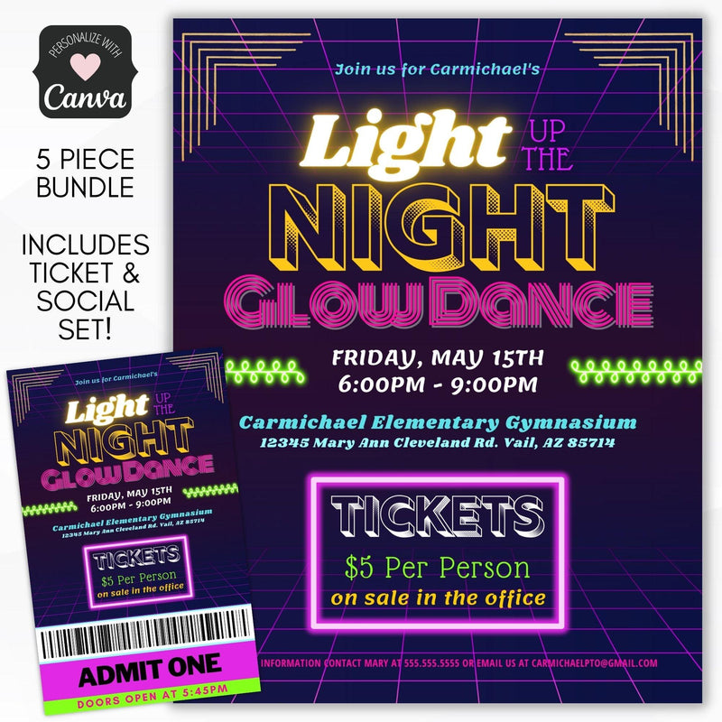 Glow dance party invitation flyer ticket set