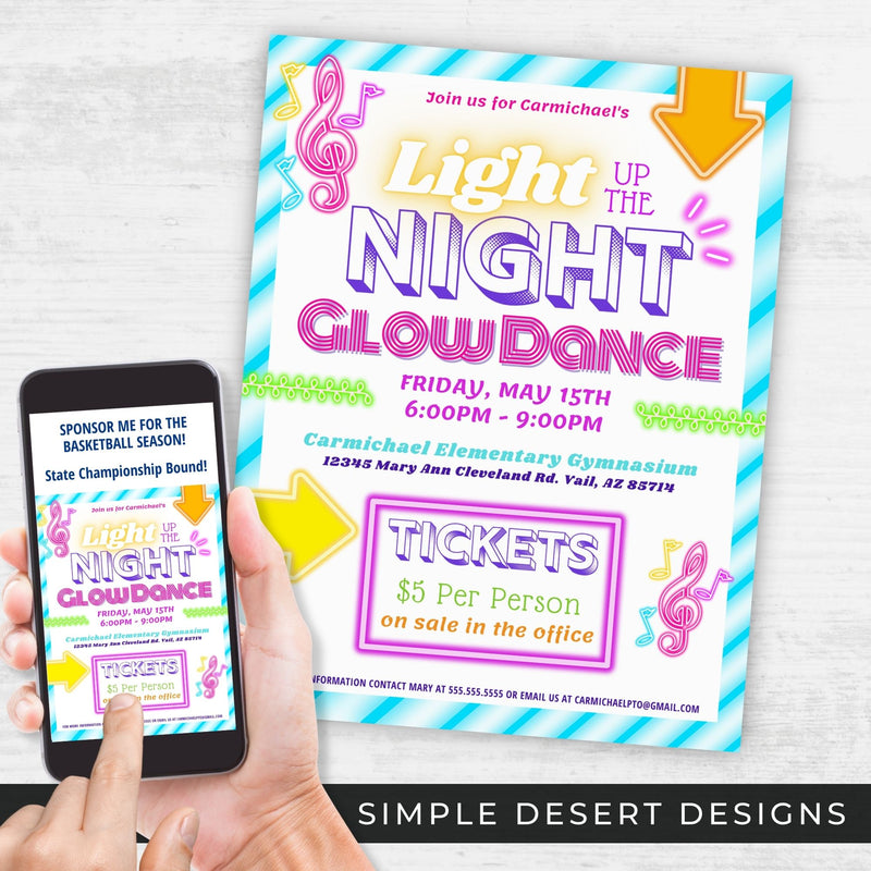 neon light up glow dance flyer template printed and on cell phone over neutral wood surface created by simple desert designs