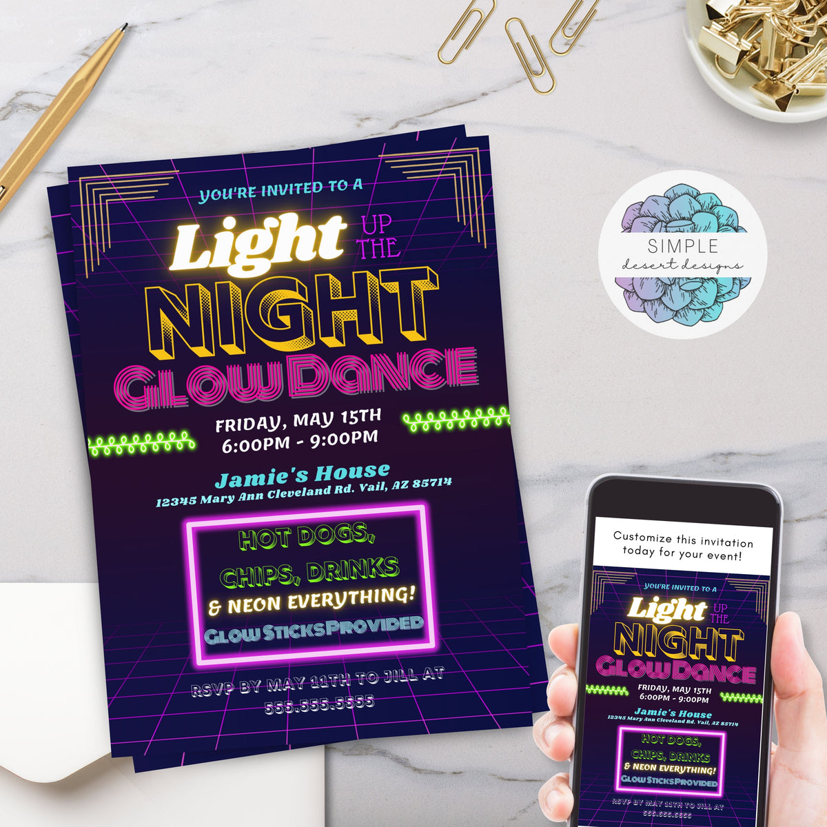 Glow Dance Party Invitation Template - Simple Desert Designs