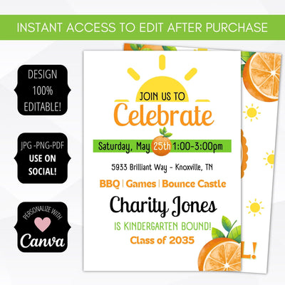 editable preschool graduation party invite our little cutie mandarin orange gender neutral grad party invitation