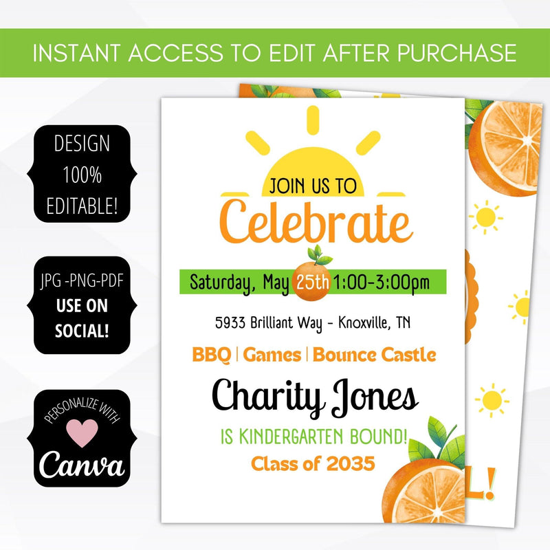 editable preschool graduation party invite our little cutie mandarin orange gender neutral grad party invitation