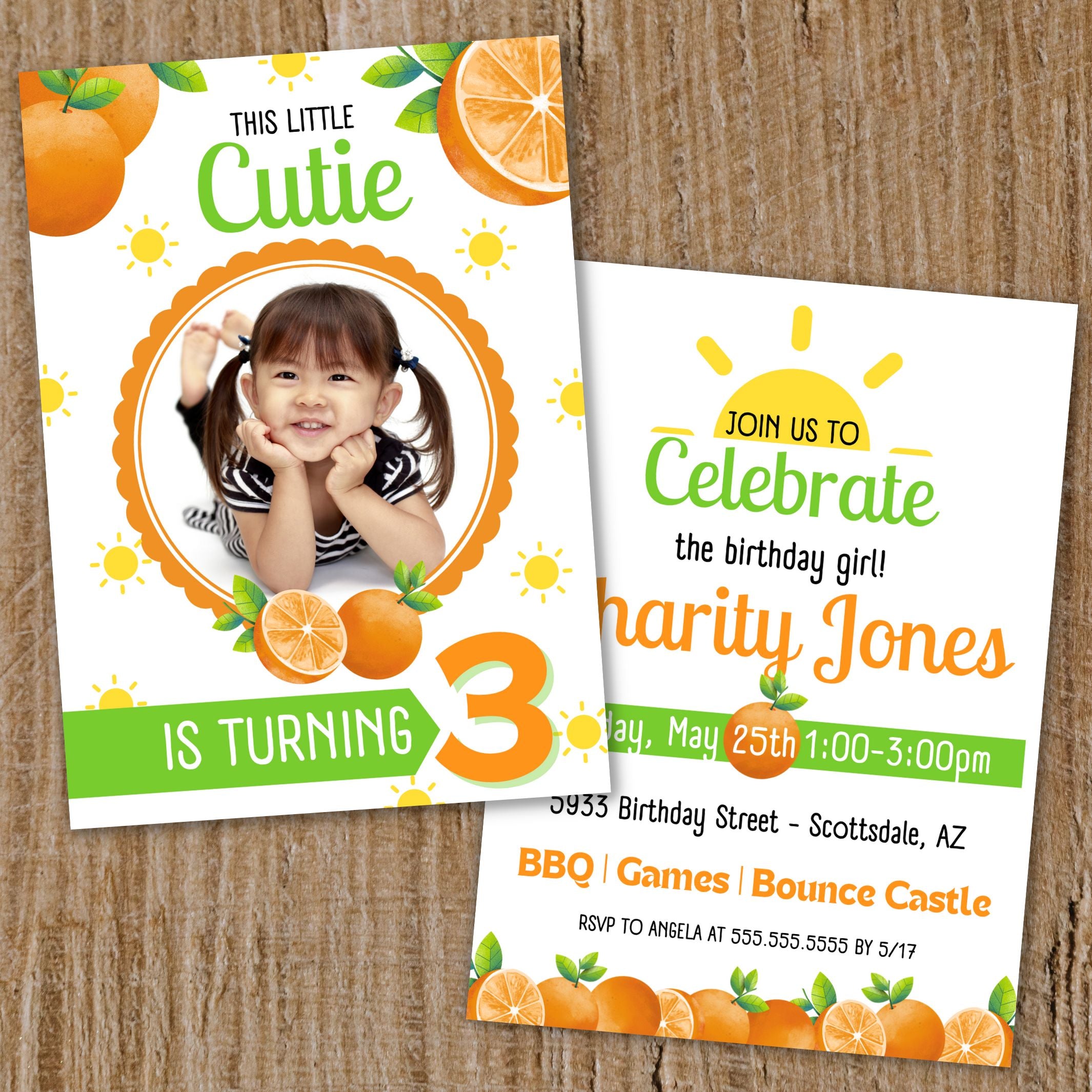 Children's birthday invitation with oranges and a photo of a girl on a wooden surface