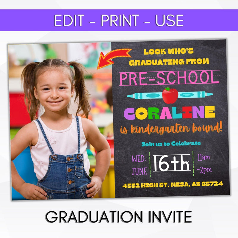 editable photo invitation kindergarten daycare preschool graduate teacher template