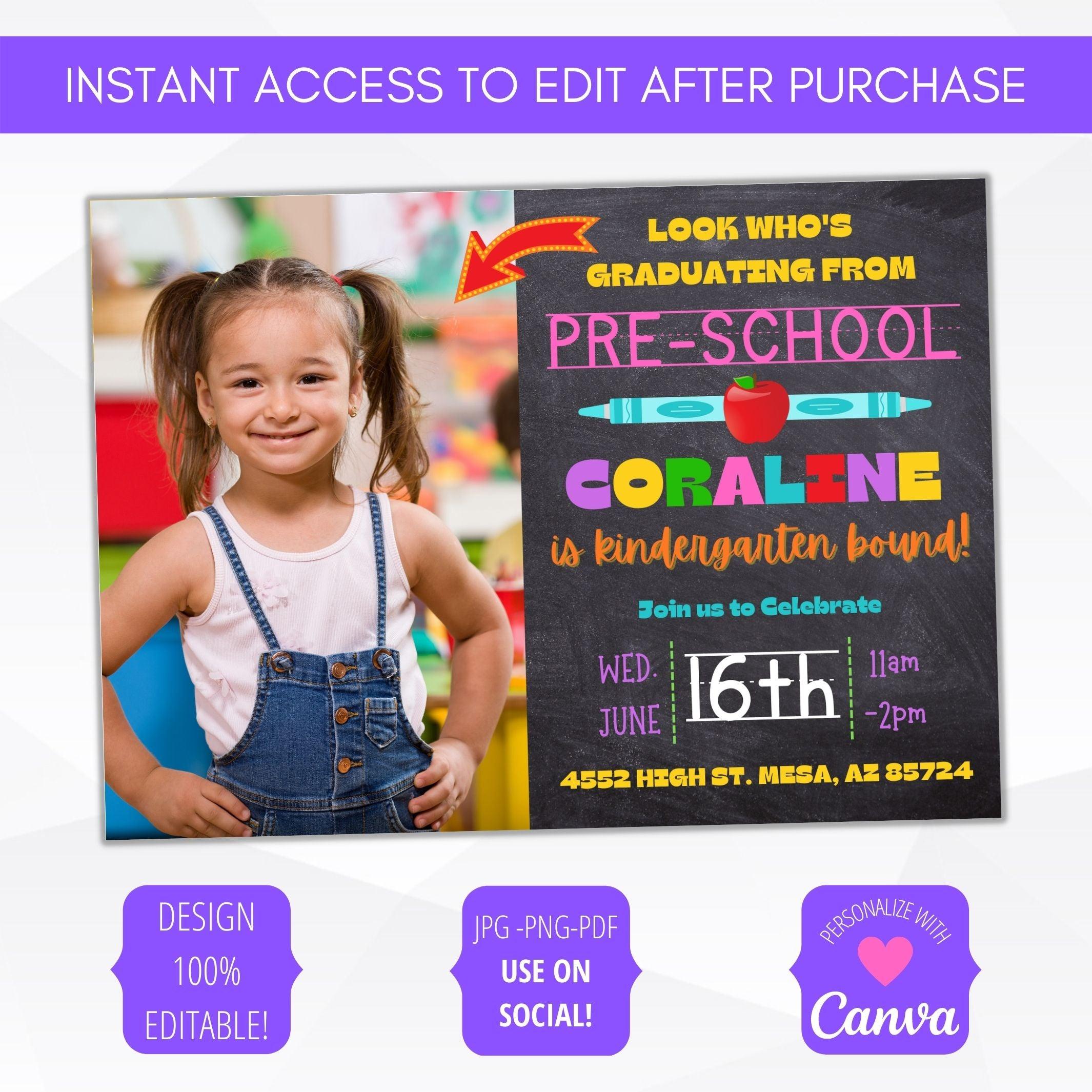 graduation photo editable graduation announcement invitation chalkboard invite daycare pre k preschool elementary
